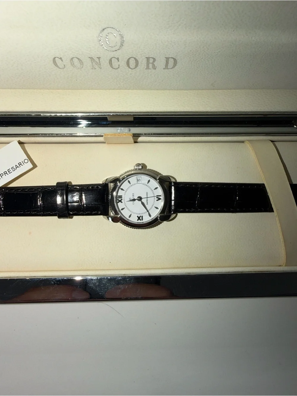 Concord Women’s Black Leather Strap Watch - Silver Case, White Dial